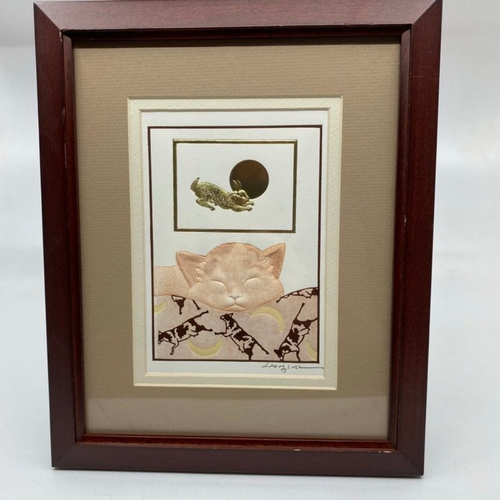 Beautiful Framed Handmade Artwork Kitten Gold Leaf